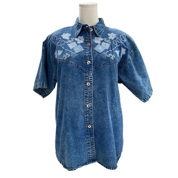 Vintage Pearl River Denim Skirt Set Acid Wash Floral Embroidered Cottagecore L - Picture 9 of 10